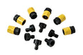Deionizer quick connect fittings with FXM threads, yellow and black plastic parts