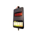 Handheld digital voltmeter with red LED display and chart for battery voltage readings