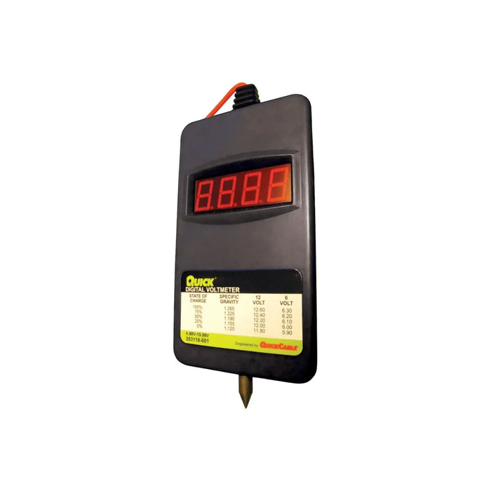 Handheld digital voltmeter with red LED display and chart for battery voltage readings