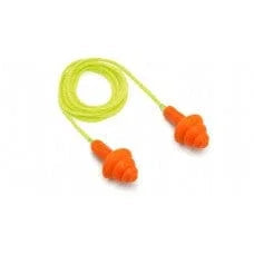 Reusable orange earplugs with yellow cord, hearing protection accessory