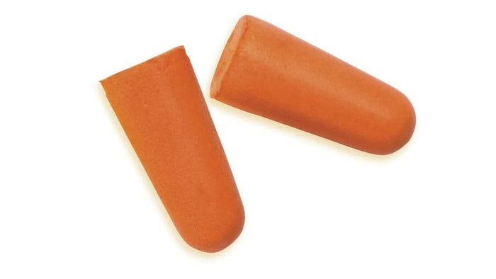Pair of orange disposable foam earplugs for hearing protection