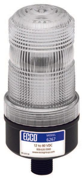 Clear industrial LED warning beacon light with ribbed lens and black base, ECCO model 6267
