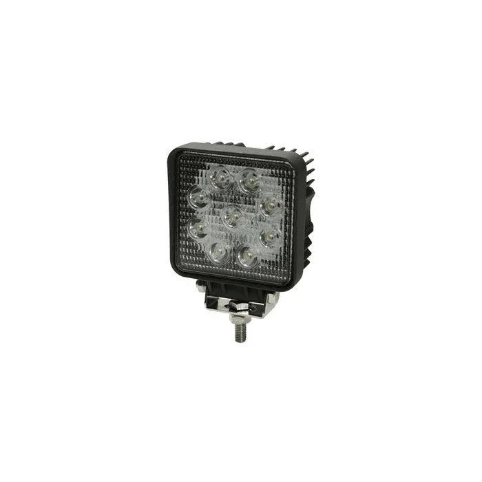 Square LED work lamp with nine diodes and mounting bolt, black housing, 1365 lumens