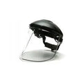 Clear face shield with adjustable black ratchet headgear for safety and protection