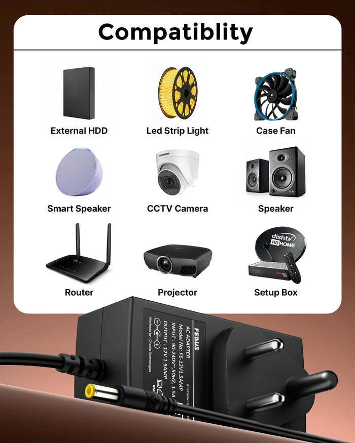 FEDUS 12V 2Amp DC Power Supply Adapter Converter, 12 Volt 2A SMPS for CCTV Camera, Routers, DVR, NVR, LCD Monitor, TV, LED Strip Light, Setup Box, Broadband, AC Input 100-240V, DC Output 12v 2Amps FEDUS