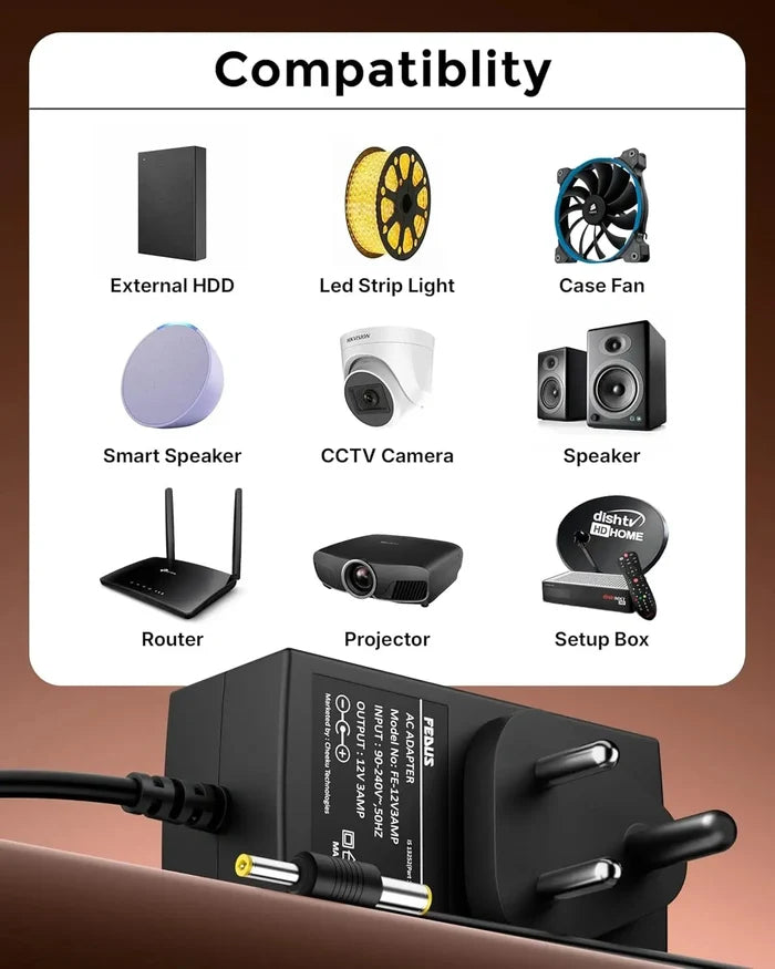 FEDUS 12V 3Amp DC Power Supply Adapter, 12 Volt 3A SMPS for LCD Monitor, TV, LED Strip Light, DVR, NVR, CCTV Camera, Dc Motor, Setup Box, Broadband,Routers AC to DC Output 12v 2amps, 2.5mmx5.5mm Jack FEDUS