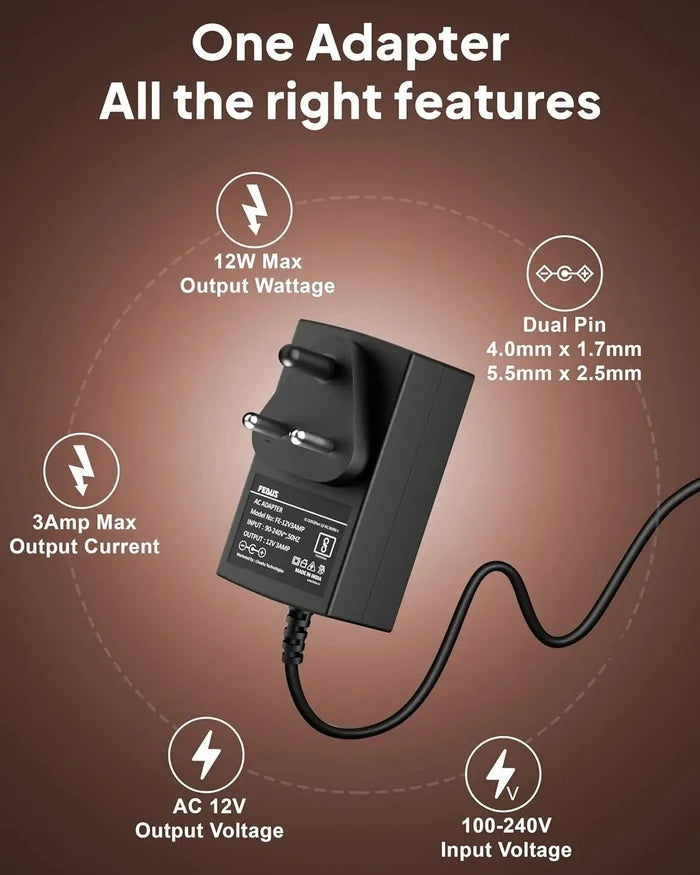 FEDUS 12V 3Amp DC Power Supply Adapter, 12 Volt 3A SMPS for LCD Monitor, TV, LED Strip Light, DVR, NVR, CCTV Camera, Dc Motor, Setup Box, Broadband,Routers AC to DC Output 12v 2amps, 2.5mmx5.5mm Jack FEDUS