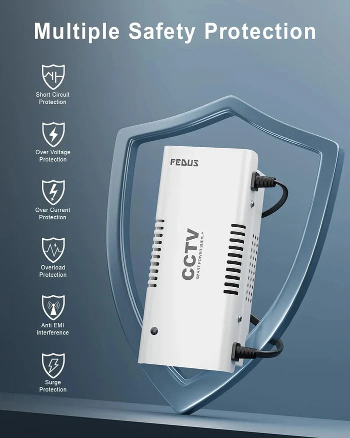 FEDUS 12V DC Metal Body CCTV Power Supply for 8 Channel Security Cameras | 12Volt 5A High Efficiency SMPS Adapter with Voltage Booster for Long Distance for Video Surveillance Dome & Bullet Camera FEDUS
