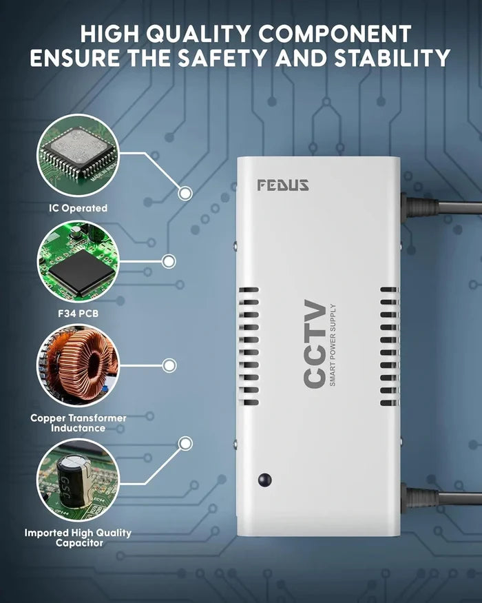 FEDUS 12V DC Metal Body CCTV Power Supply for 8 Channel Security Cameras | 12Volt 5A High Efficiency SMPS Adapter with Voltage Booster for Long Distance for Video Surveillance Dome & Bullet Camera FEDUS