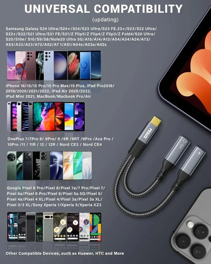 FEDUS 2-in-1 USB C Splitter 1 in 2 Out Dual USB C Headphone and Charger Type C Audio Adapter with PD 60W Fast Charging Dongle Cable for iPhone 16 Pro Max, Galaxy S25, Pixel 9, iPad Pro, Switch 2 FEDUS