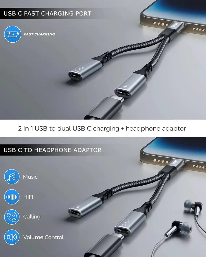 FEDUS 2-in-1 USB C Splitter 1 in 2 Out Dual USB C Headphone and Charger Type C Audio Adapter with PD 60W Fast Charging Dongle Cable for iPhone 16 Pro Max, Galaxy S25, Pixel 9, iPad Pro, Switch 2 FEDUS