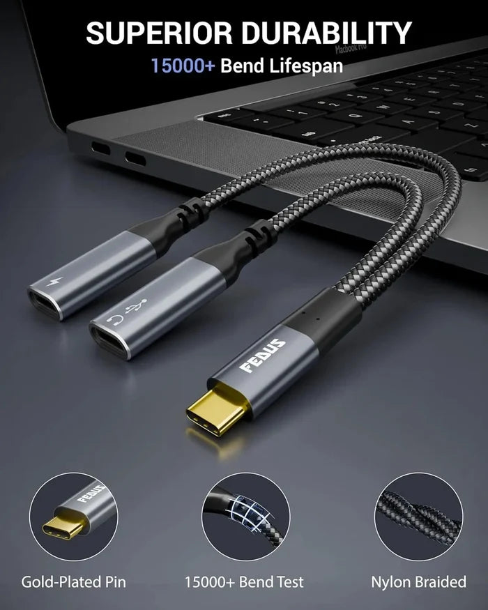FEDUS 2-in-1 USB C Splitter 1 in 2 Out Dual USB C Headphone and Charger Type C Audio Adapter with PD 60W Fast Charging Dongle Cable for iPhone 16 Pro Max, Galaxy S25, Pixel 9, iPad Pro, Switch 2 FEDUS
