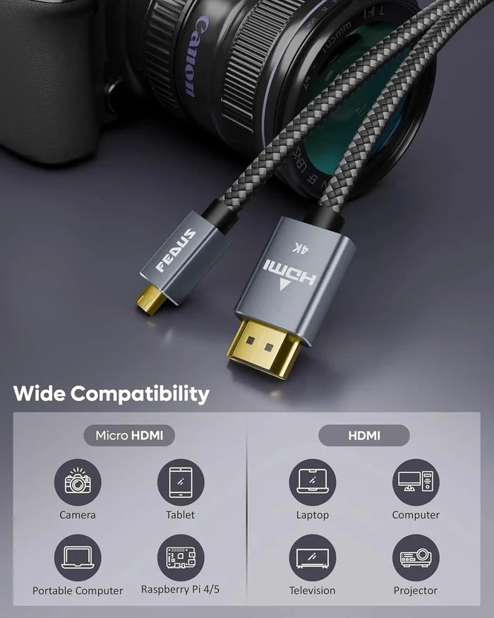 FEDUS 4K Micro HDMI to HDMI Cable 1.5 Meter, Micro HDMI 2.0 Adapter [4K@60Hz, 2K@144Hz 120Hz] 4K 18Gbps HDR, Compatible for Samsung G8, G9, Camera, Rasp Berry Pi 5 4, go pro Hero, Cam Link FEDUS