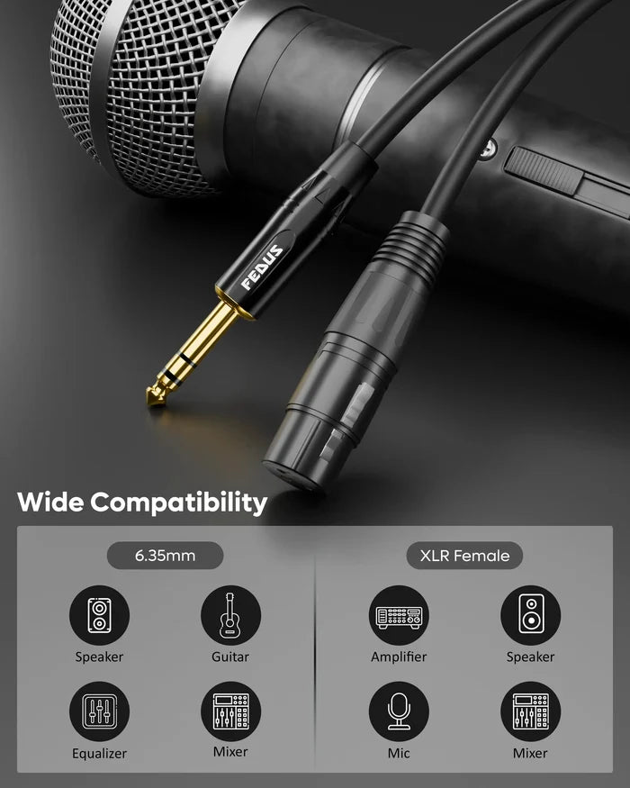 FEDUS 6.35mm (1/4 Inch) TRS Mono Male to XLR Female Cable, Gold-Plated Heavy Duty Oxygen-Free Copper Shielded Audio Patch Cord for Microphones, Speakers, Guitars DJ Mixers Amplifiers Studio Recording FEDUS