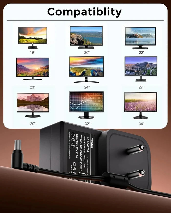 FEDUS BIS Certified 19V 2.1Amp Adapter for LG Monitor, Power Supply Cord of HDTV, LCD LED Monitor & TV Compatible for 19” 20” 21.5” 24” 27” 29” 32Inch TV, Input: 220V-50Hz 50mA Output 19V/2.1A FEDUS