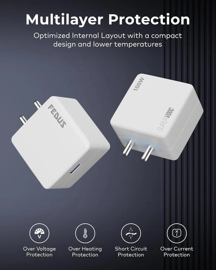 FEDUS Bolt 100W SuperVOOC Charger with USB-A to Type C Cable | Ultra Fast Wall Adapter for OnePlus 12/12R/11/Nord 4, Oppo Reno 12, Realme GT 6 | Smart IC Mobile Power Brick | 1 Year Warranty FEDUS
