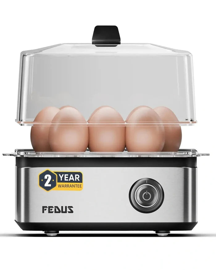FEDUS EGGLINE Automatic Egg Boiler maker Electric Multi-Function Poacher 8 Eggs Cooker Steamer machine for Hard Medium, Soft Eggs SS Heating Plate, Auto Shut-Off Fast boiling Boils Steamed Vegetables FEDUS