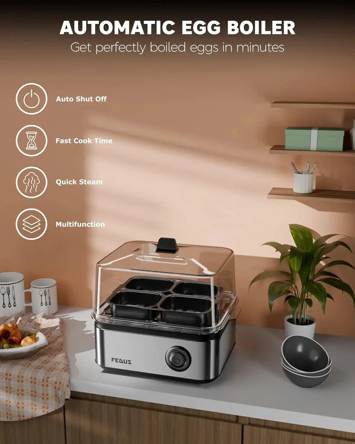 FEDUS EGGLINE Automatic Egg Boiler maker Electric Multi-Function Poacher 8 Eggs Cooker Steamer machine for Hard Medium, Soft Eggs SS Heating Plate, Auto Shut-Off Fast boiling Boils Steamed Vegetables FEDUS