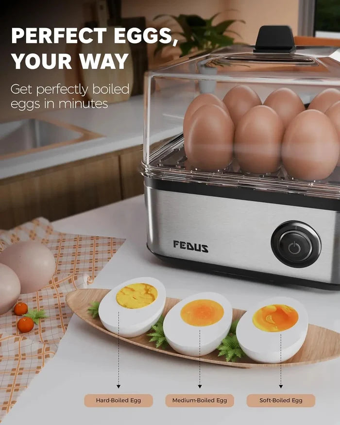 FEDUS EGGLINE Automatic Egg Boiler maker Electric Multi-Function Poacher 8 Eggs Cooker Steamer machine for Hard Medium, Soft Eggs SS Heating Plate, Auto Shut-Off Fast boiling Boils Steamed Vegetables FEDUS