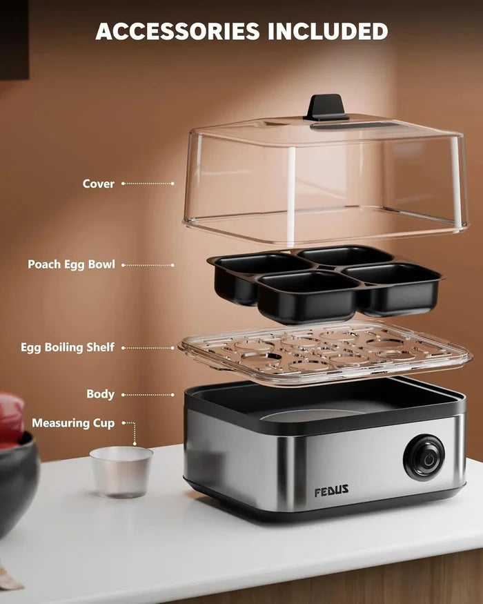 FEDUS EGGLINE Automatic Egg Boiler maker Electric Multi-Function Poacher 8 Eggs Cooker Steamer machine for Hard Medium, Soft Eggs SS Heating Plate, Auto Shut-Off Fast boiling Boils Steamed Vegetables FEDUS