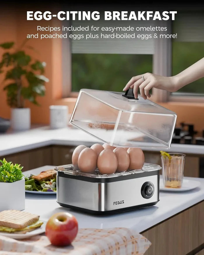 FEDUS EGGLINE Automatic Egg Boiler maker Electric Multi-Function Poacher 8 Eggs Cooker Steamer machine for Hard Medium, Soft Eggs SS Heating Plate, Auto Shut-Off Fast boiling Boils Steamed Vegetables FEDUS