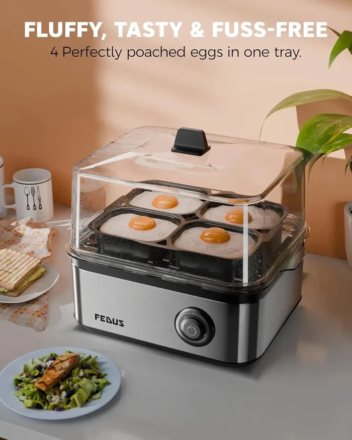 FEDUS EGGLINE Automatic Egg Boiler maker Electric Multi-Function Poacher 8 Eggs Cooker Steamer machine for Hard Medium, Soft Eggs SS Heating Plate, Auto Shut-Off Fast boiling Boils Steamed Vegetables FEDUS