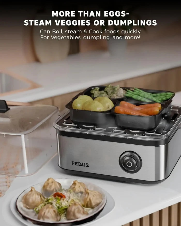 FEDUS EGGLINE Automatic Egg Boiler maker Electric Multi-Function Poacher 8 Eggs Cooker Steamer machine for Hard Medium, Soft Eggs SS Heating Plate, Auto Shut-Off Fast boiling Boils Steamed Vegetables FEDUS