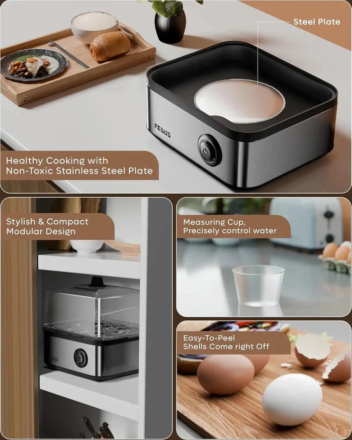 FEDUS EGGLINE Automatic Egg Boiler maker Electric Multi-Function Poacher 8 Eggs Cooker Steamer machine for Hard Medium, Soft Eggs SS Heating Plate, Auto Shut-Off Fast boiling Boils Steamed Vegetables FEDUS