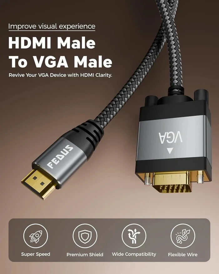 FEDUS HDMI to VGA Cable Adapter 1080P@60Hz Uni-Directional HDMI Computer to VGA Monitor Cable (Male to Male) Compatible for Computer, Desktop, Laptop, PC, Monitor, Projector, HDTV, Roku, Xbox FEDUS