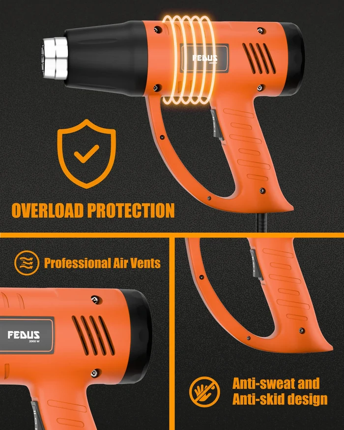 FEDUS Heat Gun Hot Air Gun Temperature Machine 2000W 5 Nozzles Included, 2 Temp Settings Great for industrial use & Crafts, Removing & Drying Paint, Shrink Tubing/Wrapping Packing, Bend Pipes, Epoxy Resin, Orange FEDUS