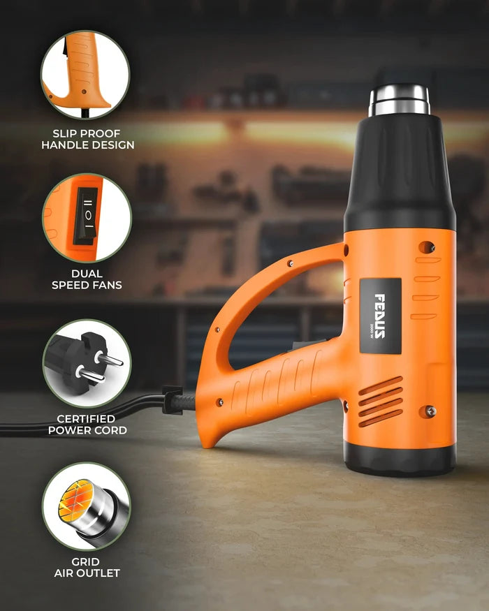 FEDUS Heat Gun Hot Air Gun Temperature Machine 2000W 5 Nozzles Included, 2 Temp Settings Great for industrial use & Crafts, Removing & Drying Paint, Shrink Tubing/Wrapping Packing, Bend Pipes, Epoxy Resin, Orange FEDUS