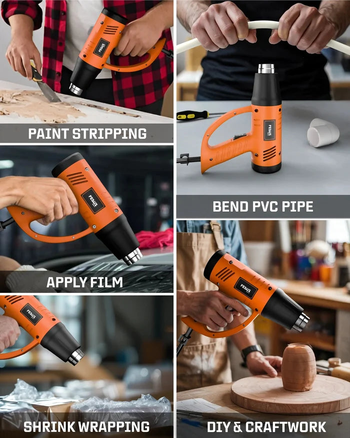 FEDUS Heat Gun Hot Air Gun Temperature Machine 2000W 5 Nozzles Included, 2 Temp Settings Great for industrial use & Crafts, Removing & Drying Paint, Shrink Tubing/Wrapping Packing, Bend Pipes, Epoxy Resin, Orange FEDUS