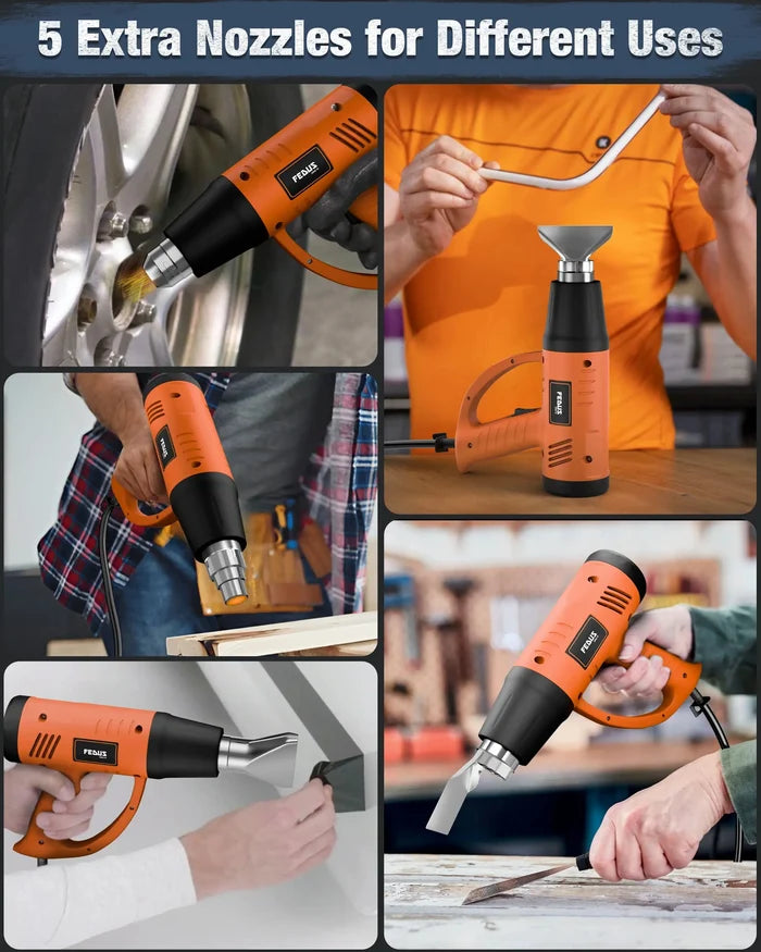 FEDUS Heat Gun Hot Air Gun Temperature Machine 2000W 5 Nozzles Included, 2 Temp Settings Great for industrial use & Crafts, Removing & Drying Paint, Shrink Tubing/Wrapping Packing, Bend Pipes, Epoxy Resin, Orange FEDUS