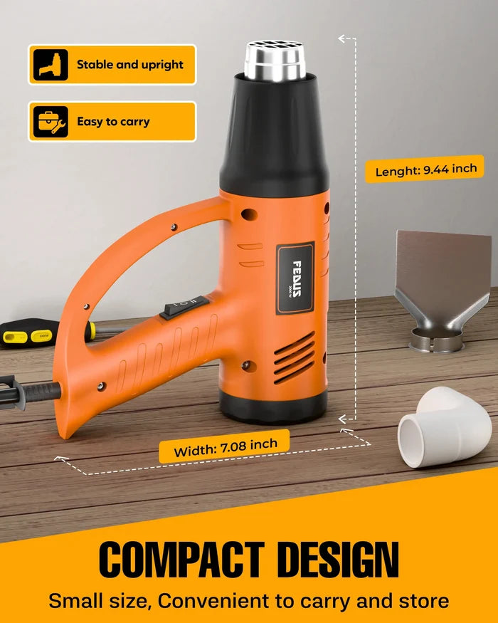 FEDUS Heat Gun Hot Air Gun Temperature Machine 2000W 5 Nozzles Included, 2 Temp Settings Great for industrial use & Crafts, Removing & Drying Paint, Shrink Tubing/Wrapping Packing, Bend Pipes, Epoxy Resin, Orange FEDUS