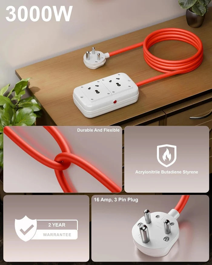 FEDUS Heavy Duty extension board 16amp 3000 Watts heavy load Capacity Electric Power Extension 2 Socket Cord Strip for Microwave Oven, EV Charger Charging, Iron Press, Induction Stove, AC FEDUS