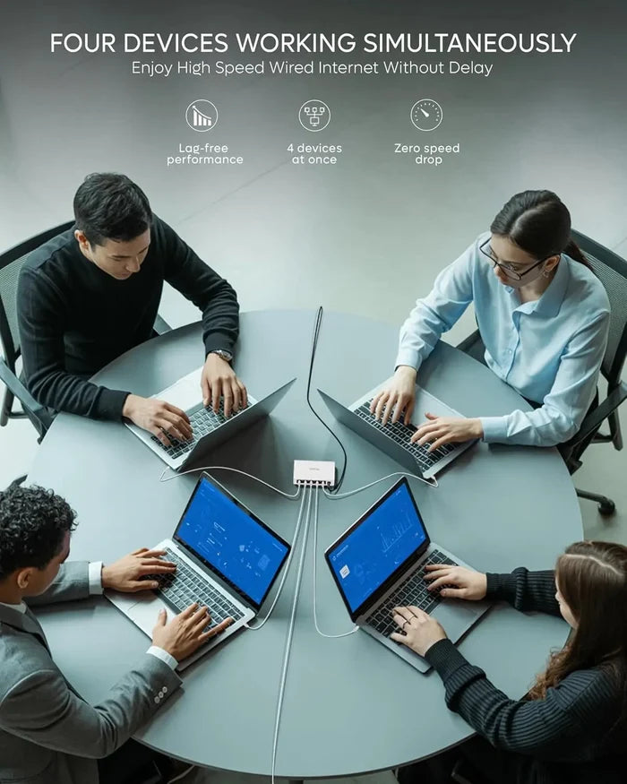 Four people working on laptops connected to a central device, with text about high-speed internet.