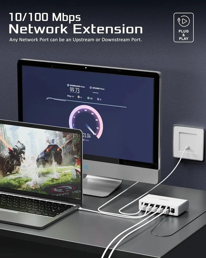 Network extension device with computer setup on a desk, showing network speed.