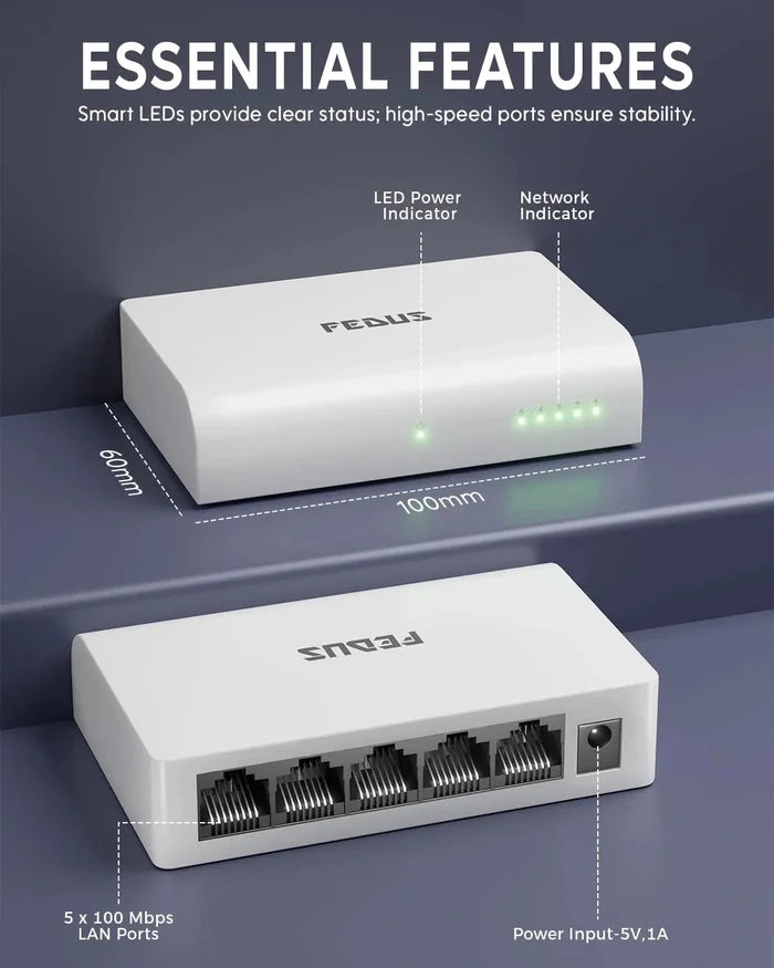 Two white network switches with labeled features on a dark background