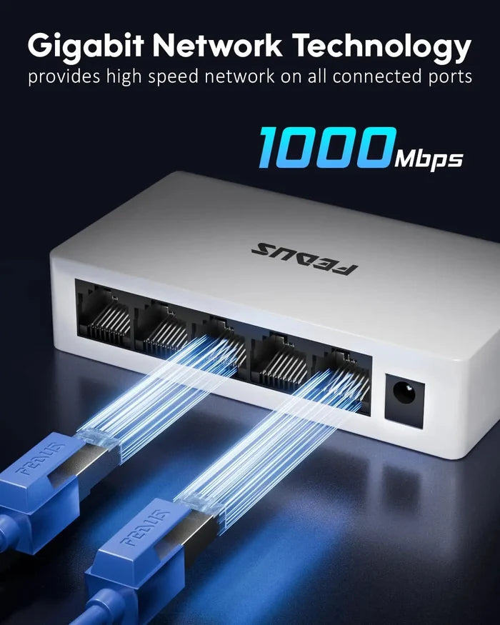 Network hub with Gigabit Network Technology and 1000 Mbps speed on a dark background
