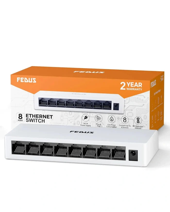 FEDUS 8 Port Ethernet Switch 100 Mbps LAN Hub for PC CCTV Smart TV NAS.