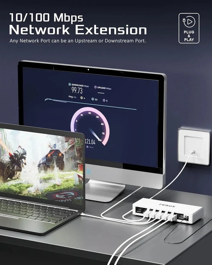 Network extension device with computer setup on a desk, showing network speed.