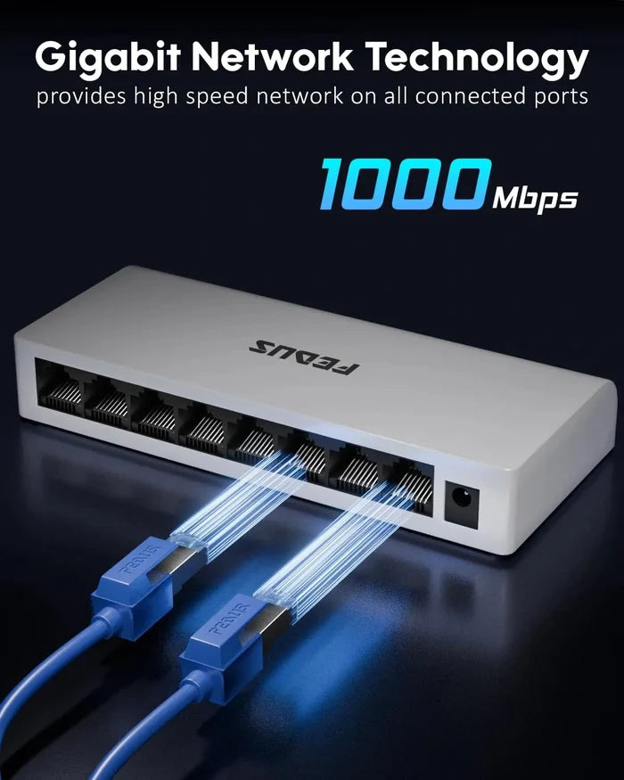 Network hub with Gigabit Network Technology and 1000 Mbps speed on a dark background
