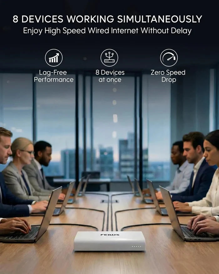 Group of people in a modern office setting with laptops connected to a router, emphasizing high-speed internet performance.