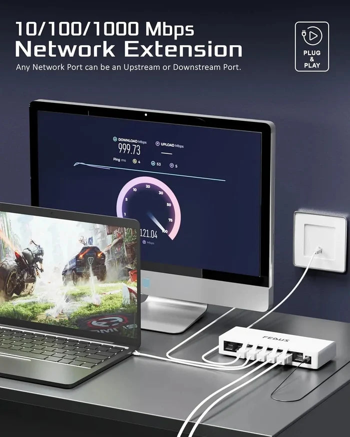 Network extension device with computer setup on a desk, showing network speed.