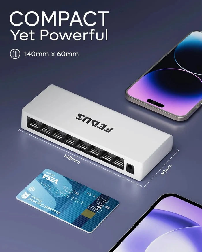 White USB hub with multiple ports on a dark background, showing dimensions and a smartphone for scale.