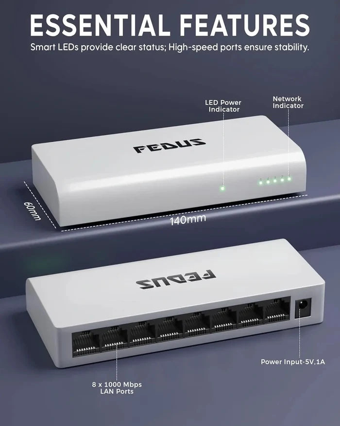Two white network switches with labeled features on a dark blue background