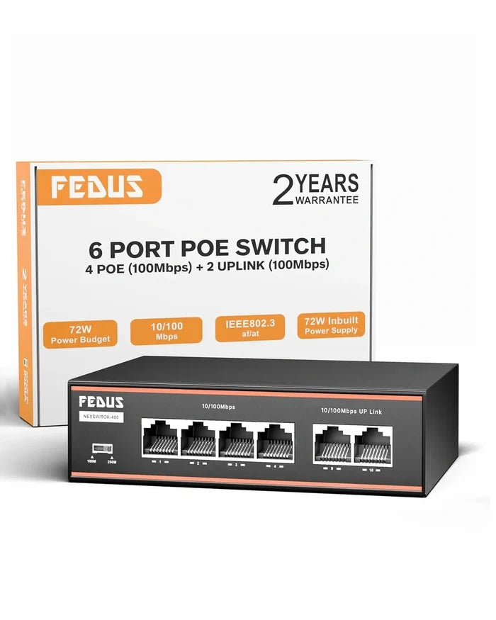 FEDUS NextSwitch-400 6 Port AI PoE Switch, 10/100 Mbps 4 PoE + 2 Uplink 60W Active PoE for IP Cameras, NVR, VoIP, 250m Long Range,VLAN Isolation,6KV Surge Protection Ethernet lan extender network splitter FEDUS