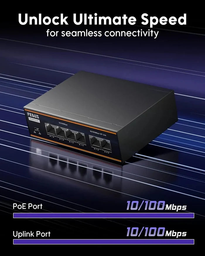 FEDUS NextSwitch-400 6 Port AI PoE Switch, 10/100 Mbps 4 PoE + 2 Uplink 60W Active PoE for IP Cameras, NVR, VoIP, 250m Long Range,VLAN Isolation,6KV Surge Protection Ethernet lan extender network splitter FEDUS