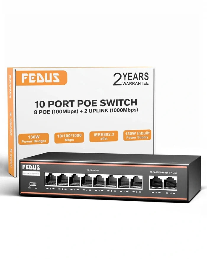 FEDUS NextSwitch-8000UG 10 Port PoE Switch (8 PoE+ 10/100Mbps, 2 1000Mbps Gigabit Uplink) 130W Built-in Power, 250m Extended Range, 6KV Surge Protection, 802.3af/at Plug & Play Unmanaged Ethernet Hub FEDUS