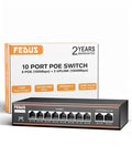 FEDUS NextSwitch-8000UG 10 Port PoE Switch (8 PoE+ 10/100Mbps, 2 1000Mbps Gigabit Uplink) 130W Built-in Power, 250m Extended Range, 6KV Surge Protection, 802.3af/at Plug & Play Unmanaged Ethernet Hub FEDUS